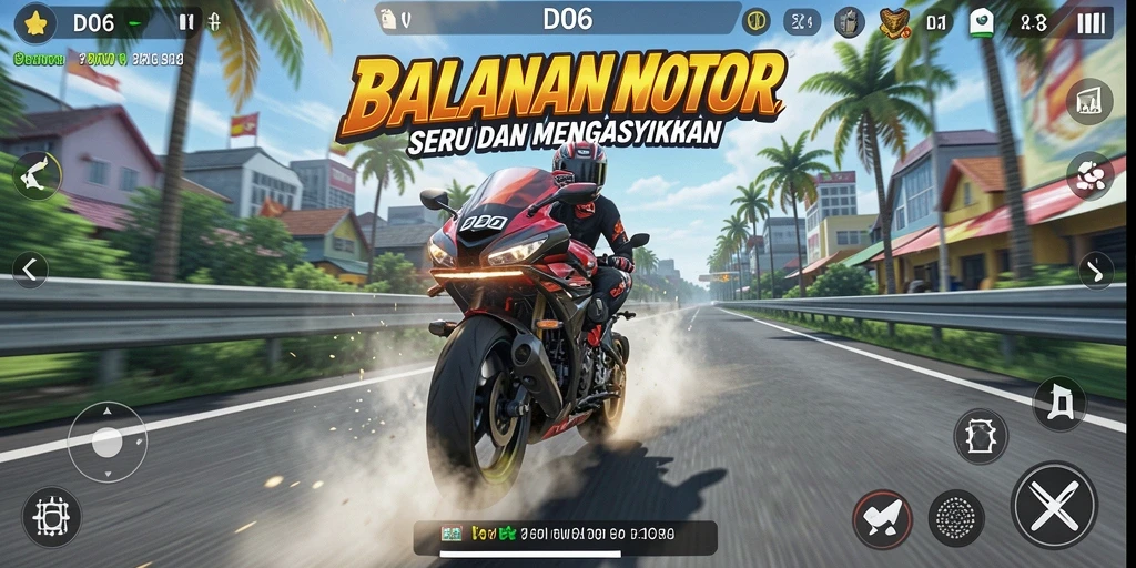 Screenshot gameplay D06 dengan aksi balapan motor yang intens.
