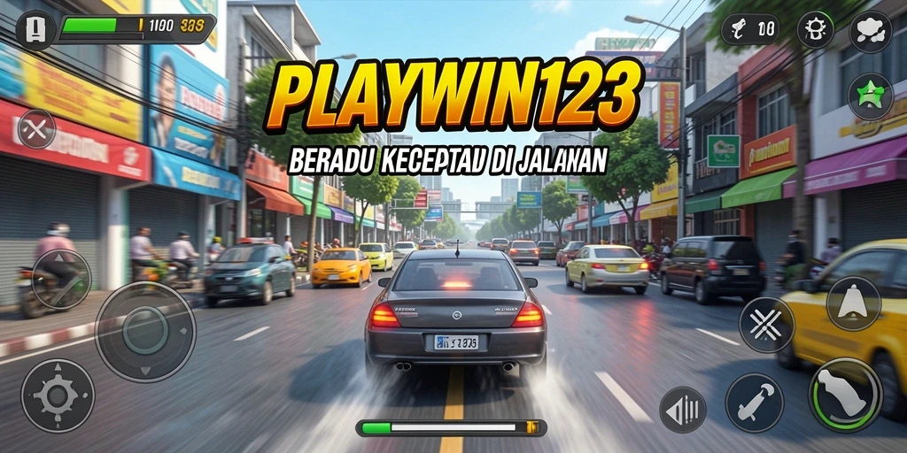 Screenshot utama PLAYWIN123 menampilkan aksi balapan motor yang mendebarkan.