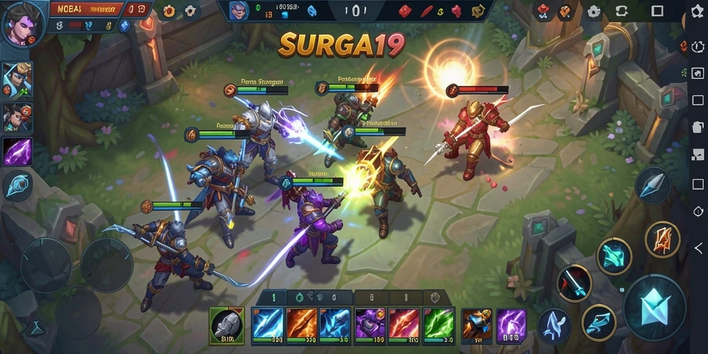 Tangkapan layar SURGA19 menampilkan aksi seru pertarungan MOBA.